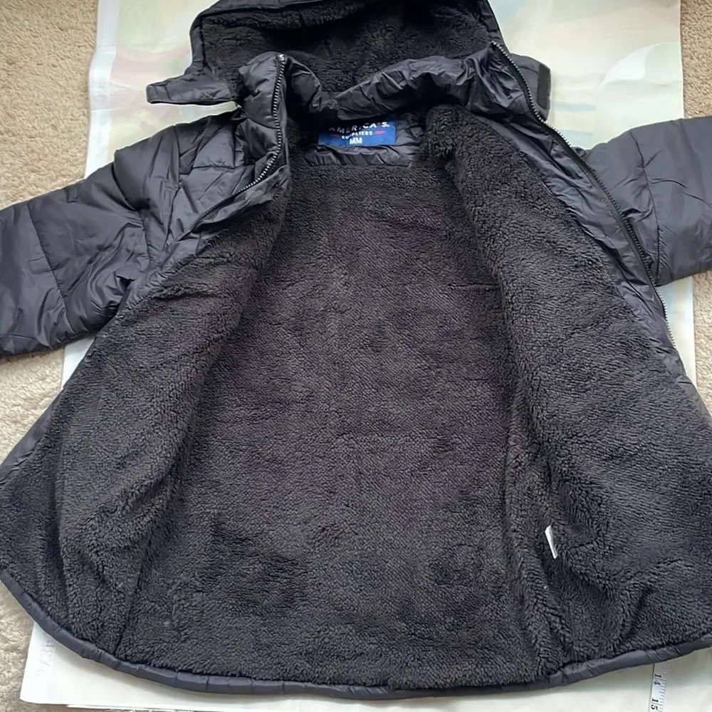 America's Suppliers Black Unisex Puffer Coat Fur Full Lined Hoodie Sz M